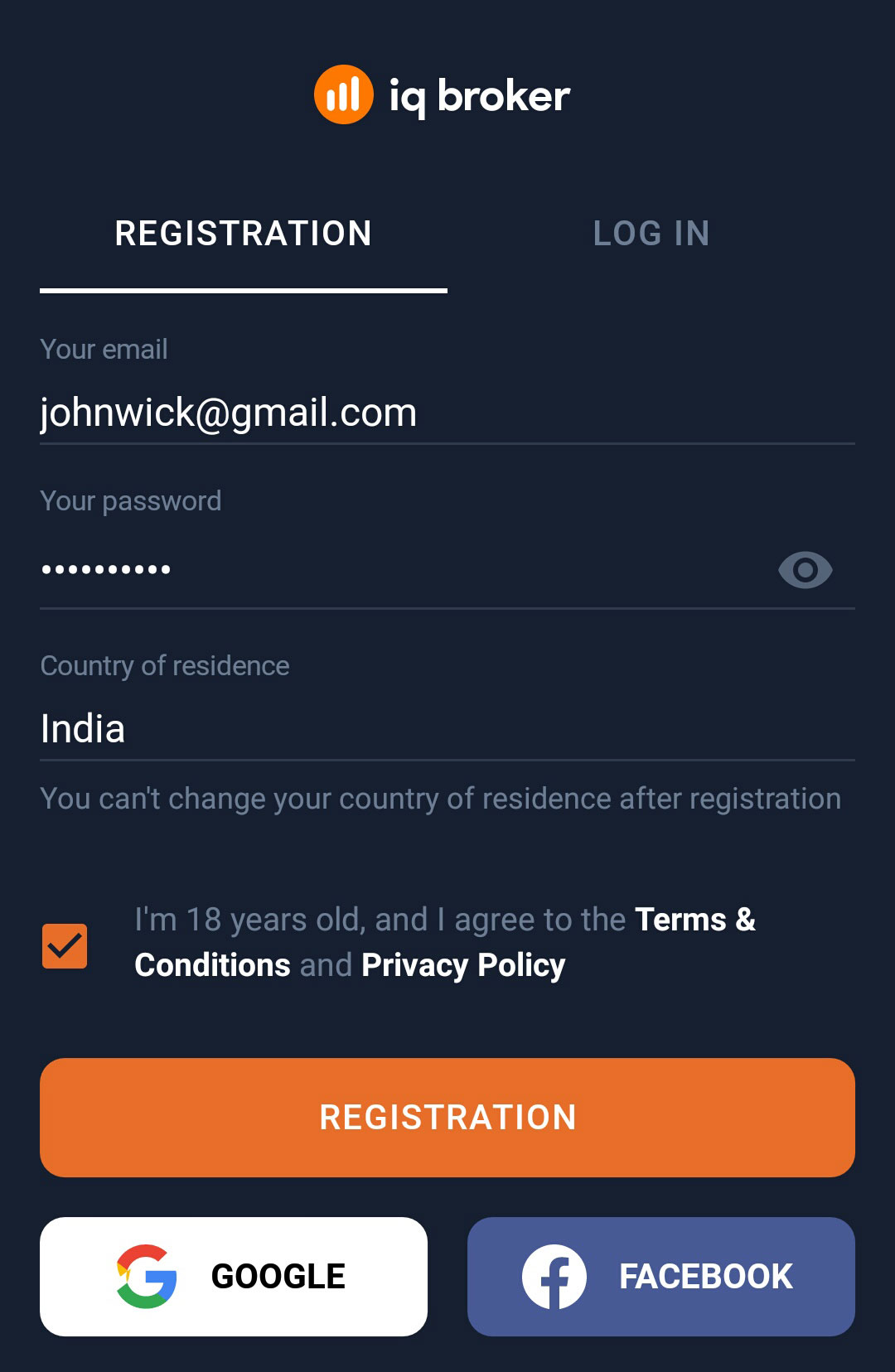IQBroker - Registration in Android app